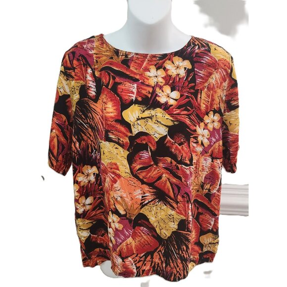 Tess Tops - 80s Tess Tropical Floral Rayon Blouse Black Orange Yellow Women's Size Large